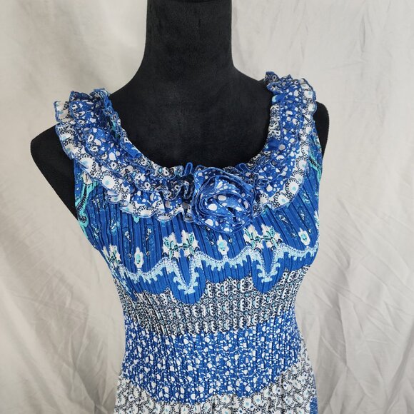 SUNNY LEIGH Size Small Blue Floral Sleeveless Pleated Rosette Ruffled Dress - Picture 6 of 10